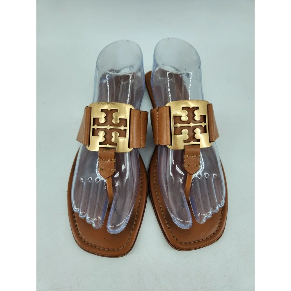 Tory Burch Georgia Sandals Womens 9.5 Tan Brown Gold Logo‎ Thong Flat 84937